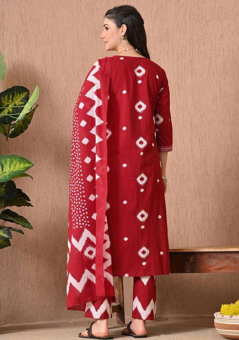 Red Printed Cotton Kurta Set - Indya