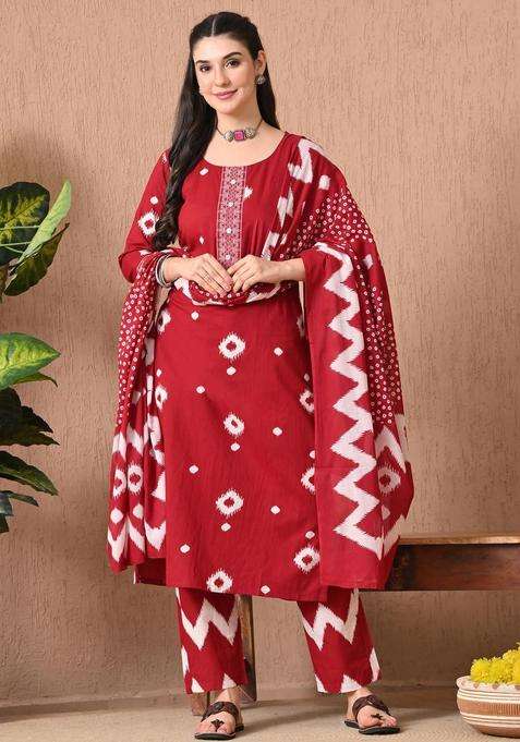 Red Printed Cotton Kurta Set