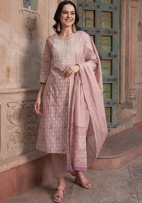 Mauve Printed Cotton Kurta Set