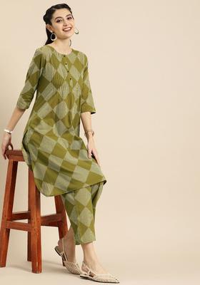 Olive Printed Cotton Kurta Set