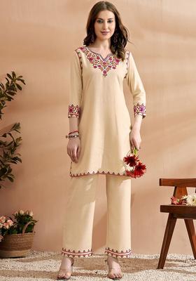 Cream Embroidered Viscose Kurta Set