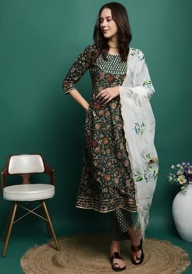 Green Printed Cotton Kurta Set
