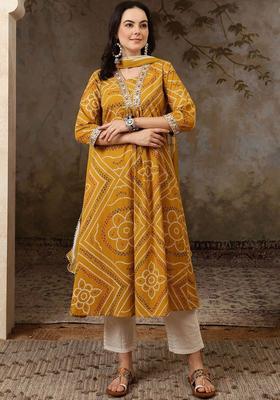 Yellow Printed Cotton Anarkali Set
