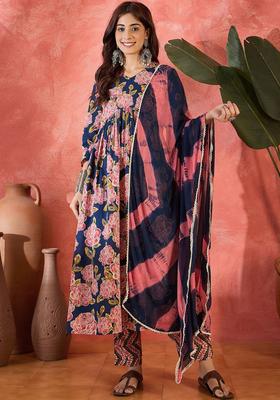 Blue Printed Cotton Kurta Set