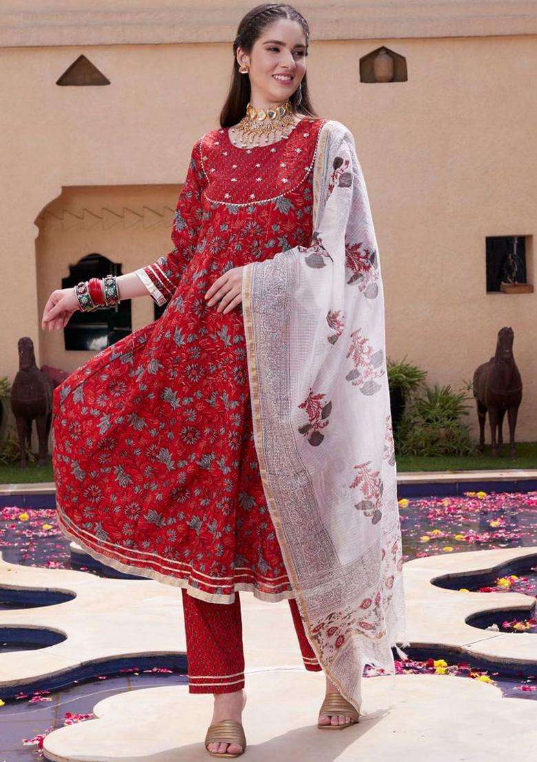 Red Printed Cotton Kurta Set - Indya