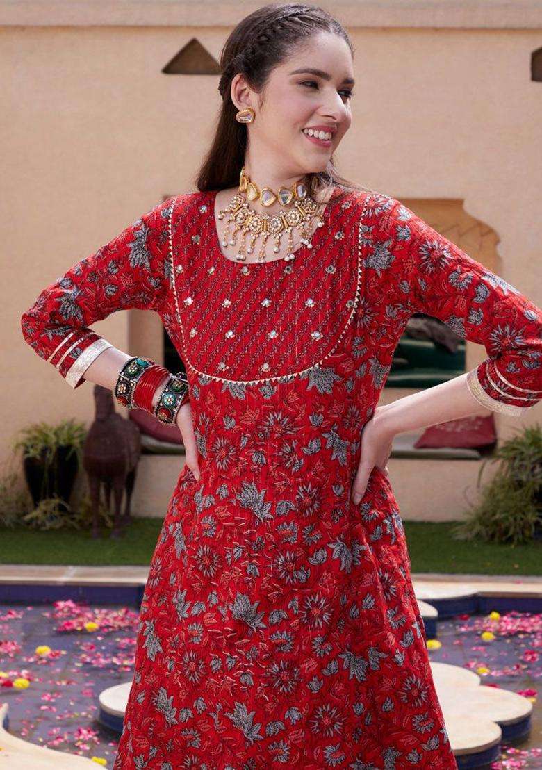 Red Printed Cotton Kurta Set - Indya