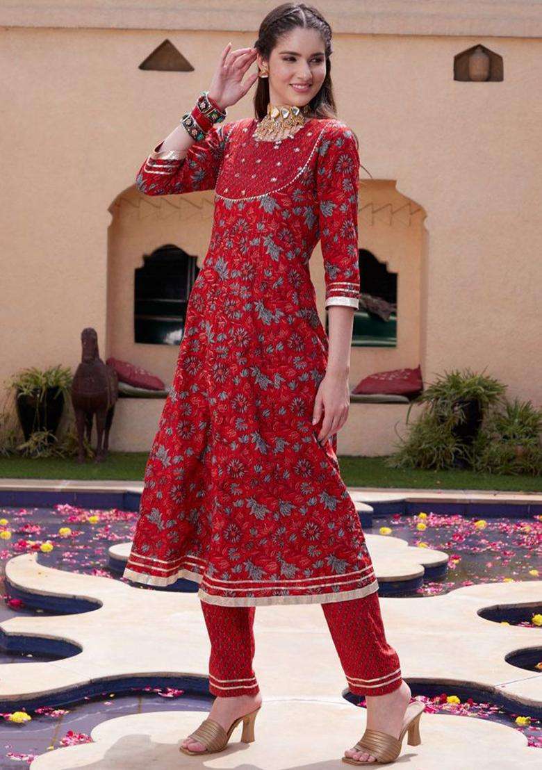 Red Printed Cotton Kurta Set - Indya