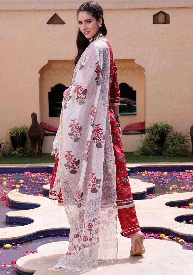 Red Printed Cotton Kurta Set - Indya