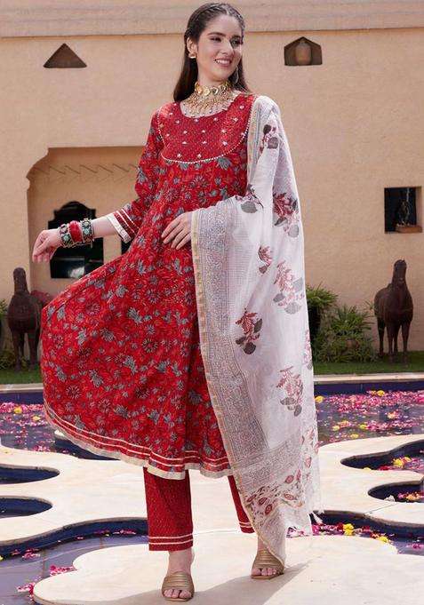 Red Printed Cotton Kurta Set
