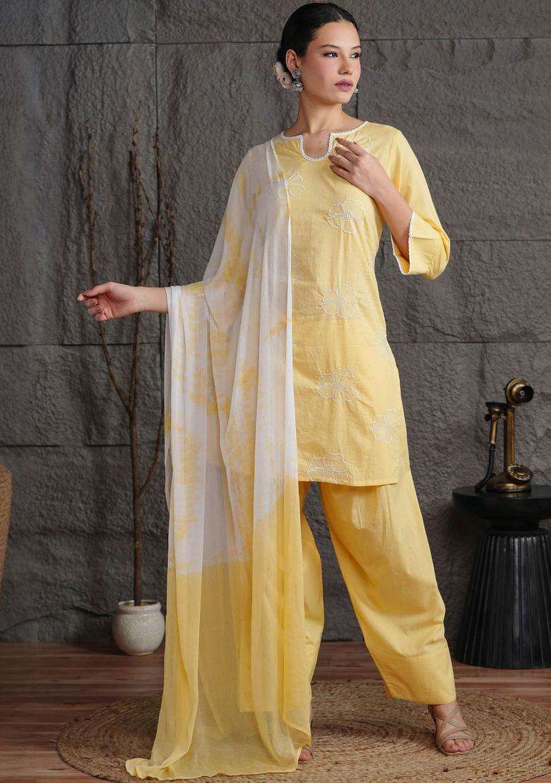 Yellow Embroidered Cotton Kurta Set - Indya