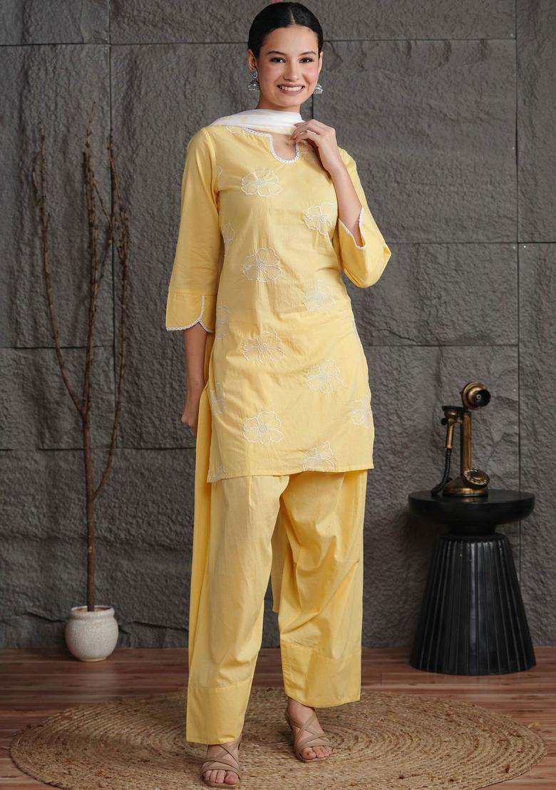 Yellow Embroidered Cotton Kurta Set - Indya