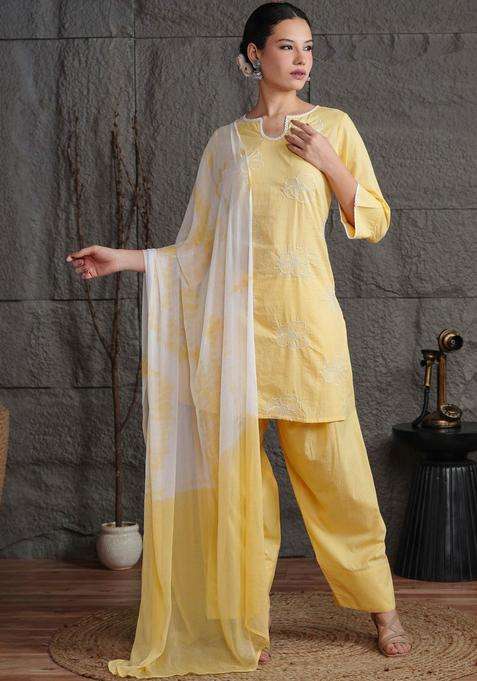 Yellow Embroidered Cotton Kurta Set