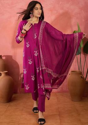 Magenta Printed Cotton Kurta Set