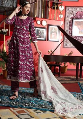 Burgundy Printed Cotton Kurta Set