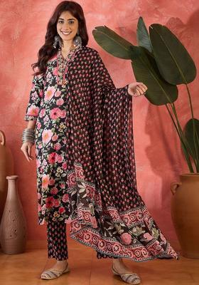 Black Printed Cotton Kurta Set