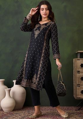 Black Woven Design Wool Blend Kurta Set