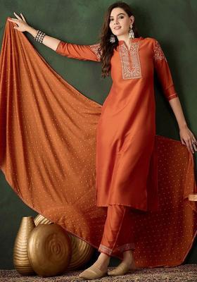 Orange Embroidered Chinon Kurta Set