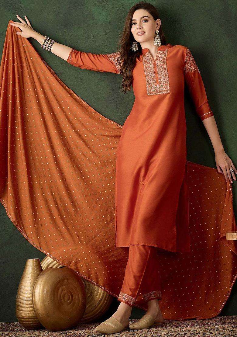 Orange Embroidered Chinon Kurta Set - Indya