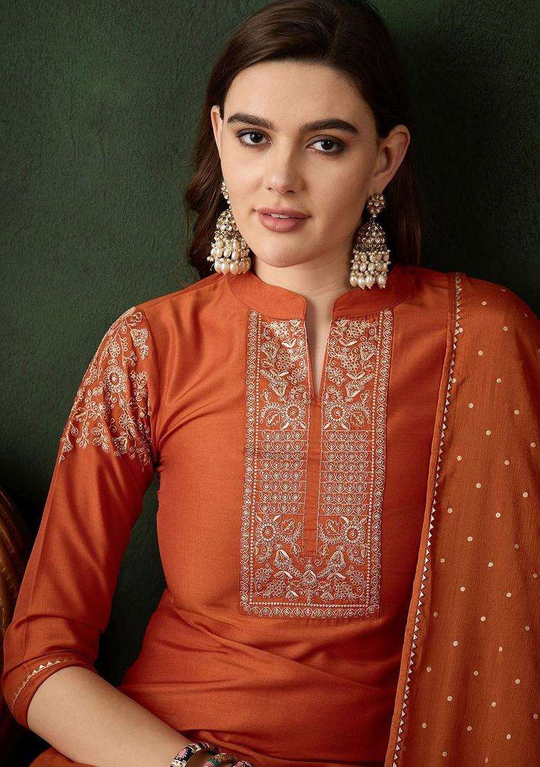 Orange Embroidered Chinon Kurta Set - Indya