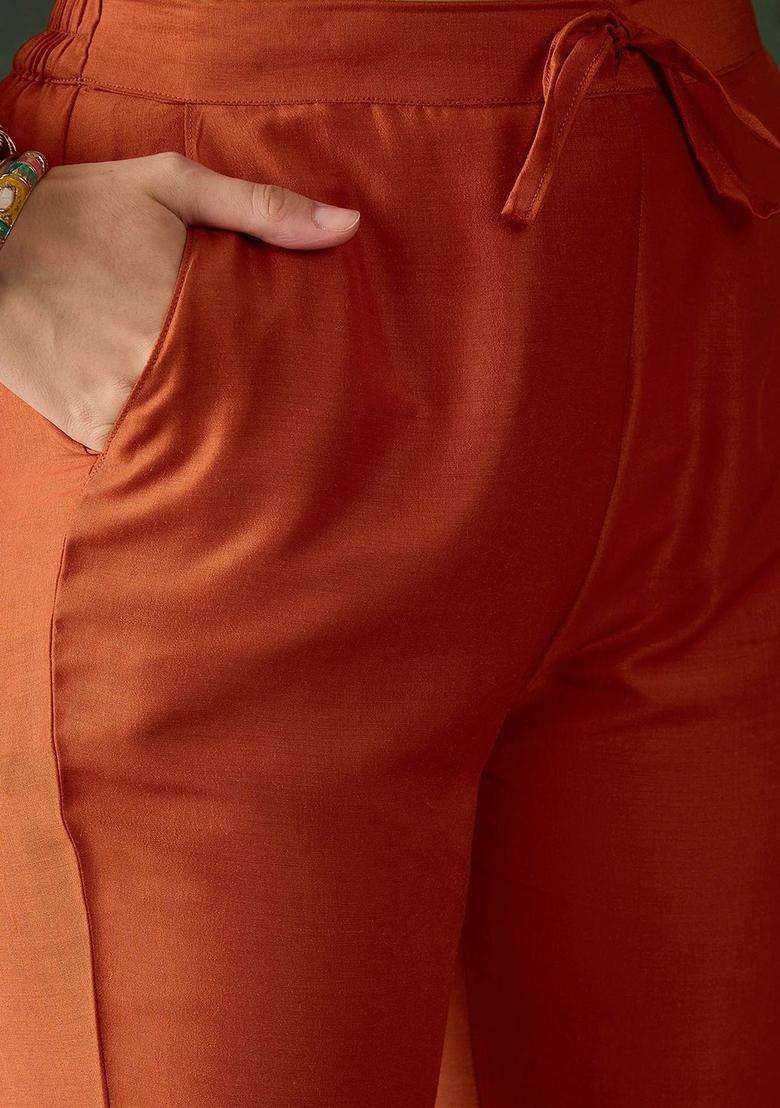 Orange Embroidered Chinon Kurta Set - Indya