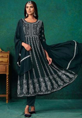 Teal Embroidered Georgette Anarkali Set