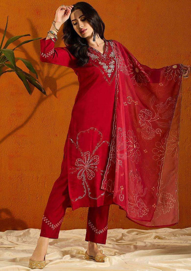 Red Embroidered Silk Kurta Set - Indya