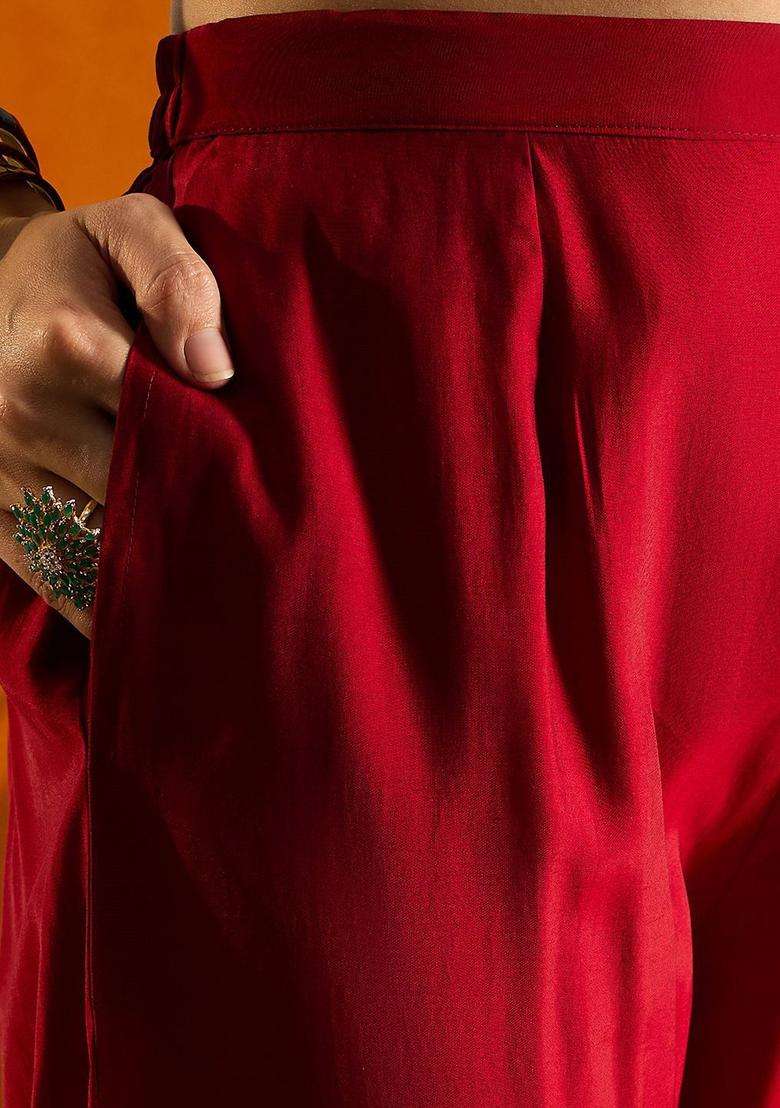 Red Embroidered Silk Kurta Set - Indya