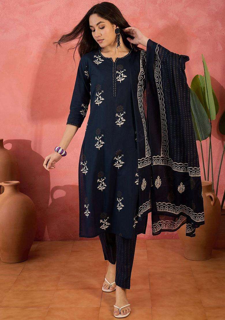 Navy Blue Printed Cotton Kurta Set - Indya