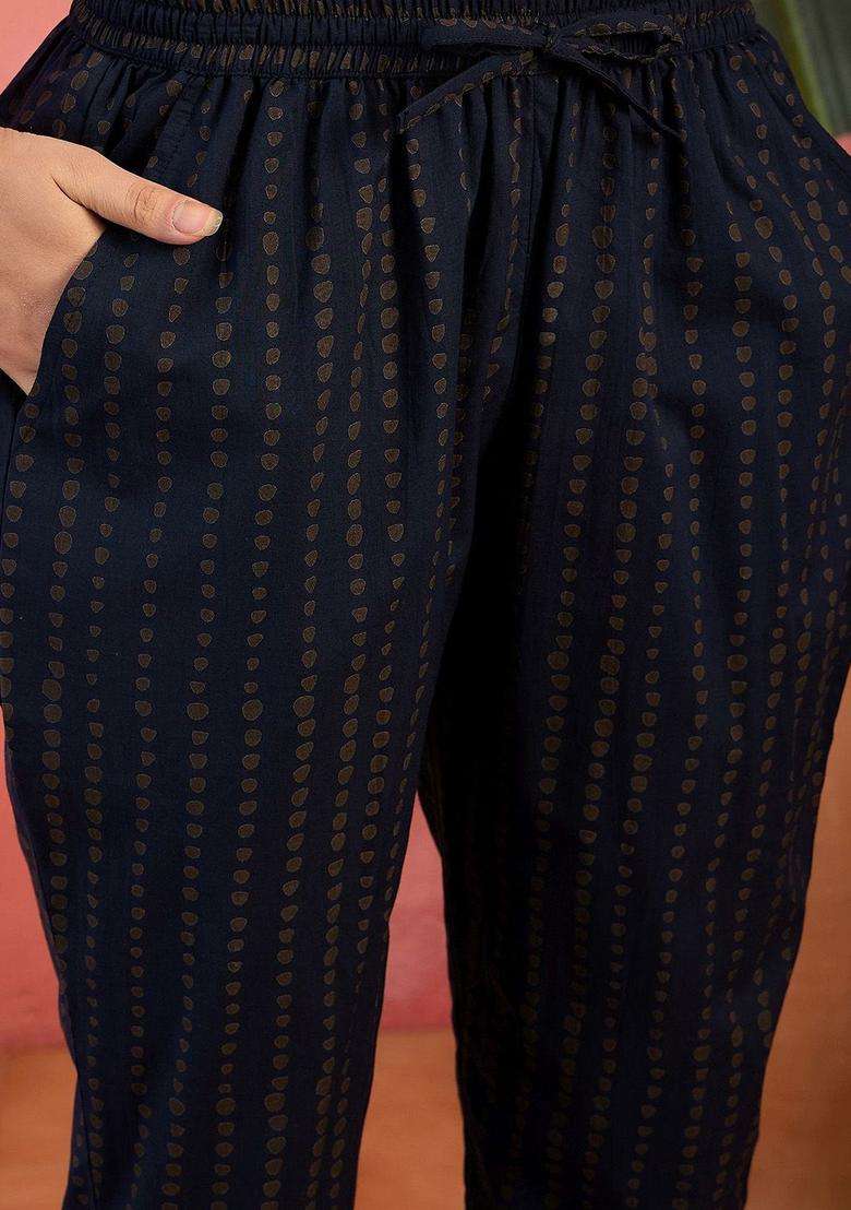 Navy Blue Printed Cotton Kurta Set - Indya