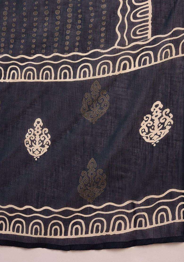 Navy Blue Printed Cotton Kurta Set - Indya