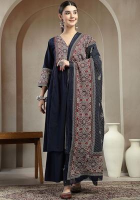 Blue Printed Cotton Kurta Set