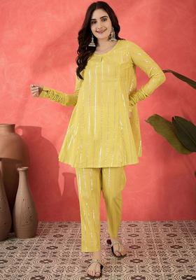 Yellow Striped Cotton Kurta Set