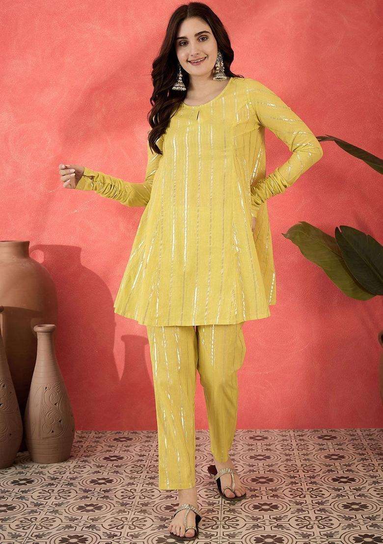 Yellow Striped Cotton Kurta Set - Indya