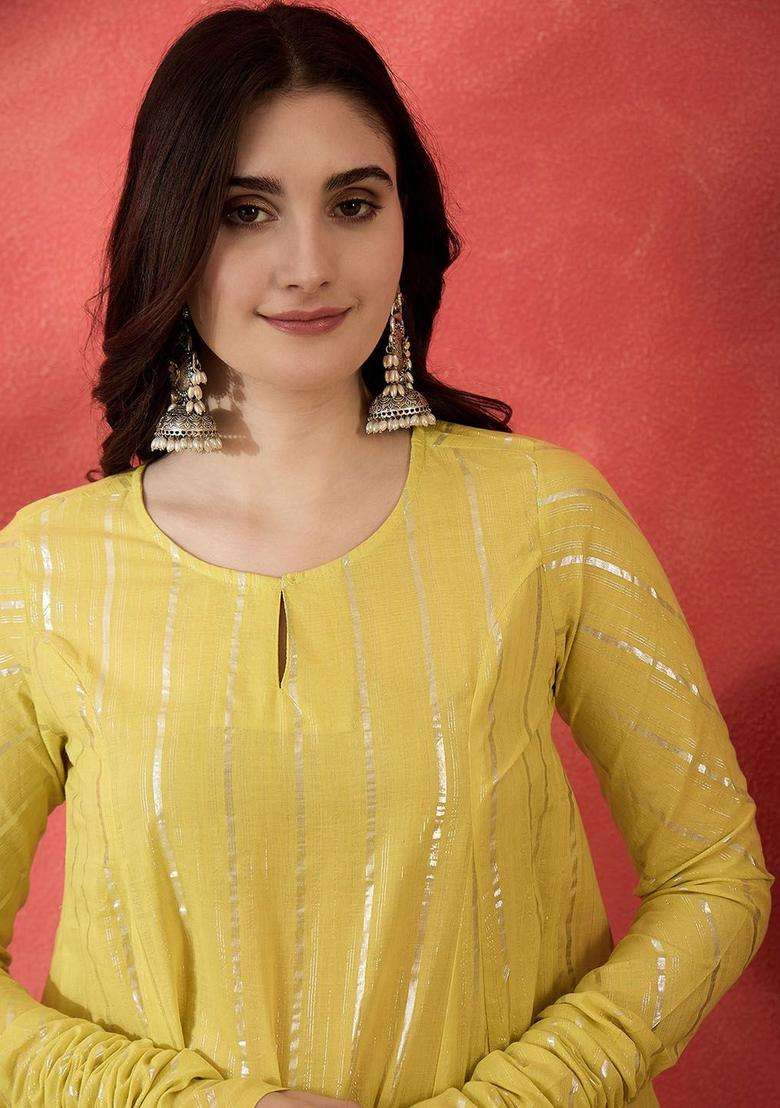 Yellow Striped Cotton Kurta Set - Indya