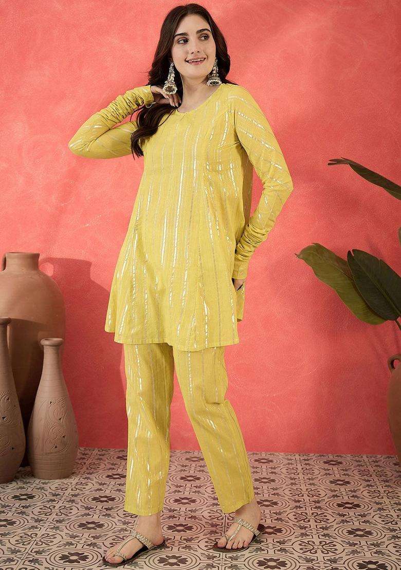 Yellow Striped Cotton Kurta Set - Indya