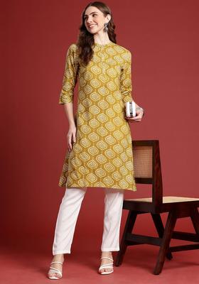 Mustard Printed Viscose Kurta Set