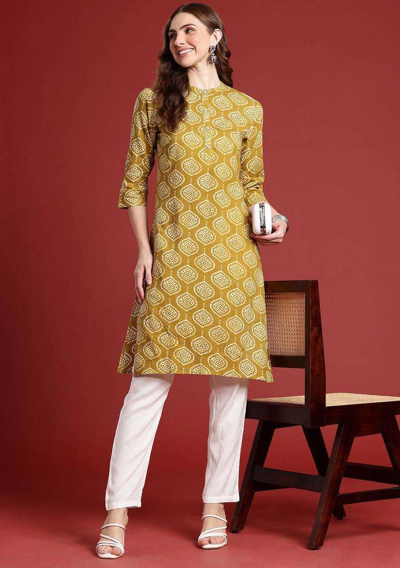 Mustard Printed Viscose Kurta Set - Indya