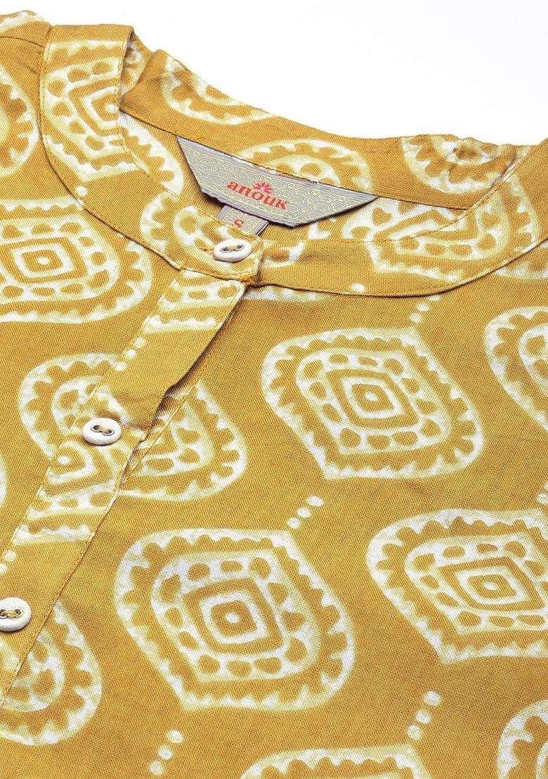 Mustard Printed Viscose Kurta Set - Indya