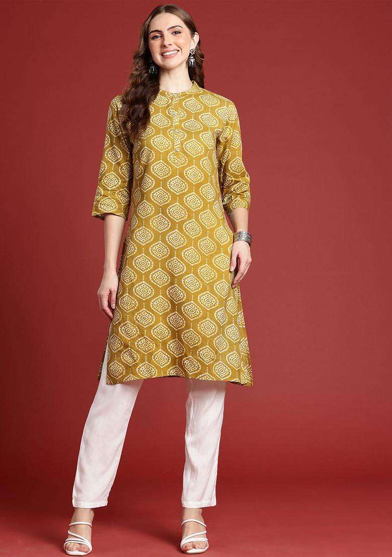 Mustard Printed Viscose Kurta Set - Indya