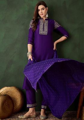 Purple Embroidered Chinon Kurta Set