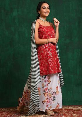 Red Printed Georgette Kurta Set