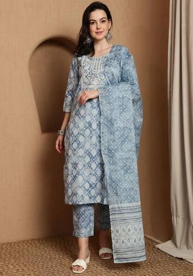 Blue Printed Cotton Kurta Set