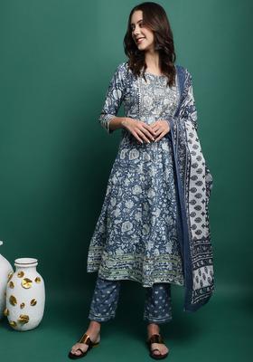 Blue Printed Cotton Anarkali Set