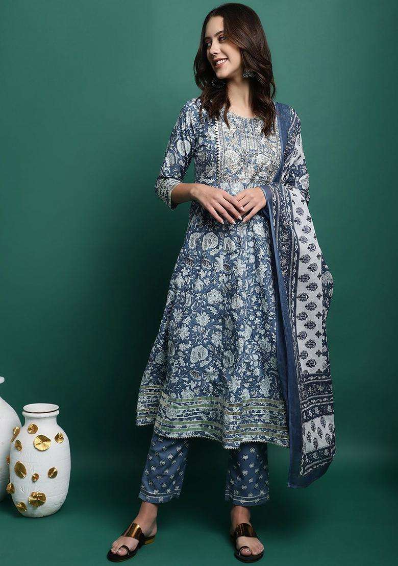 Blue Printed Cotton Anarkali Set - Indya