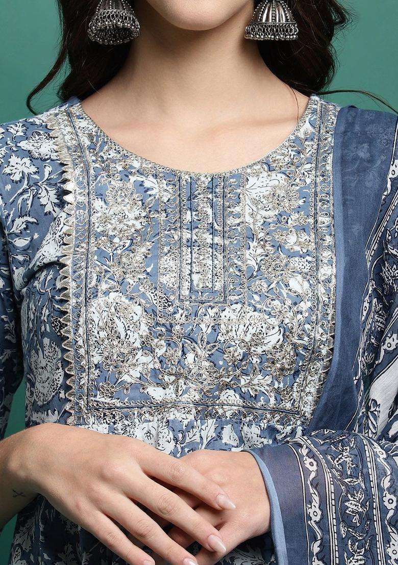 Blue Printed Cotton Anarkali Set - Indya