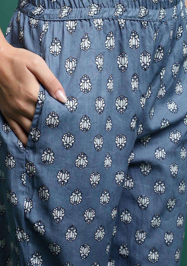 Blue Printed Cotton Anarkali Set - Indya