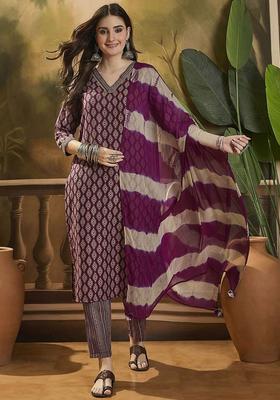 Purple Printed Cotton Kurta Set