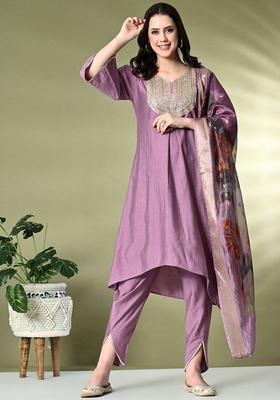 Lavender Embroidered Silk Kurta Set