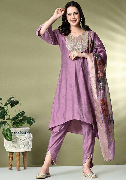 Lavender Embroidered Silk Blend Kurta Set