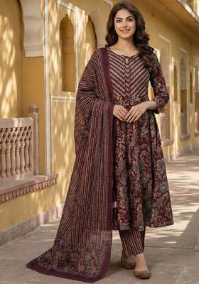 Maroon Printed Cotton Kurta Set